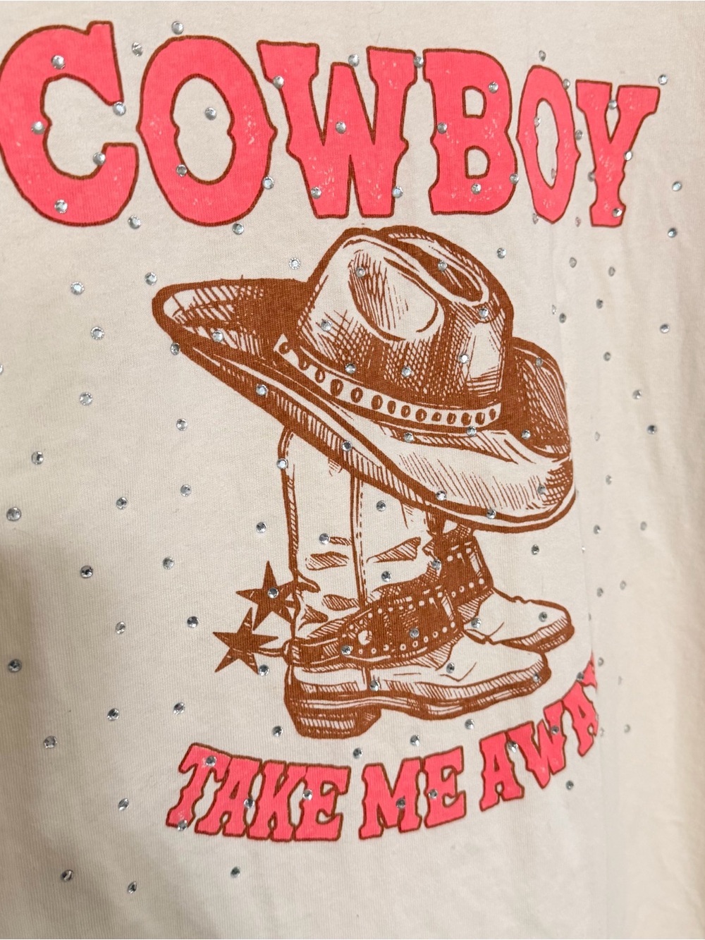 Fantastic Fawn Cream Tee with rhinestones & Pink Cowboy Graphic